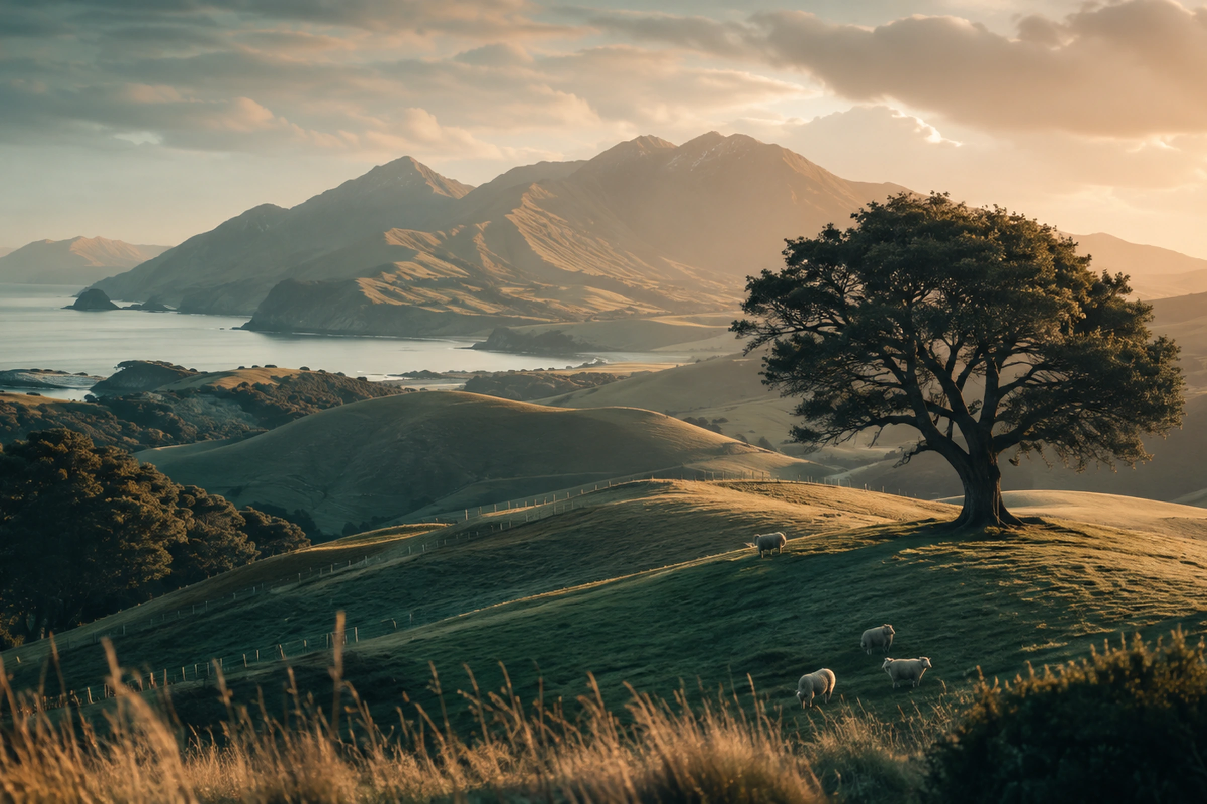 New Zealand coastal hill country at golden hour, sheep grazing beneath a lone tree