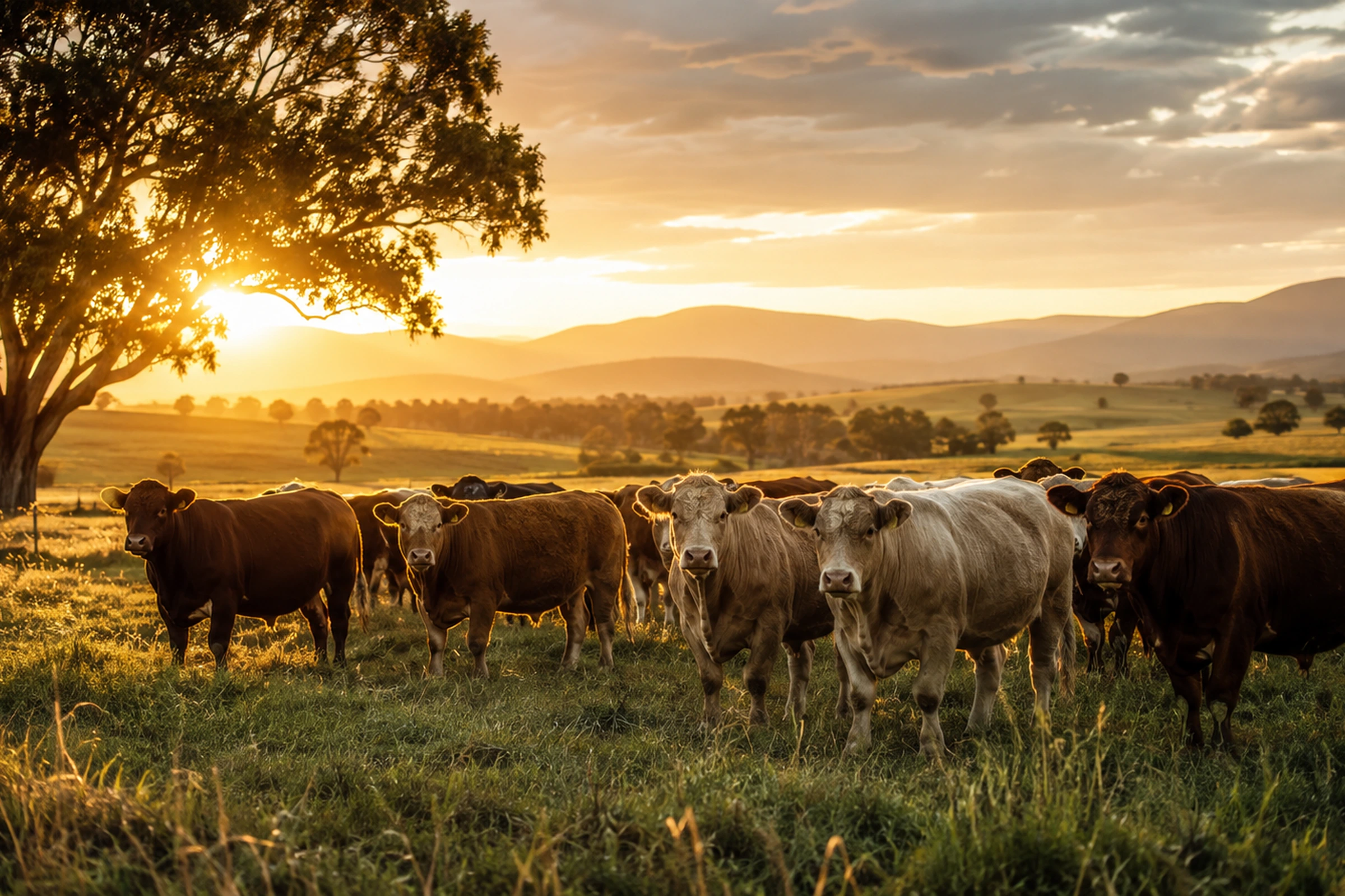 Cattle grazing in a New Zealand pasture at golden hour