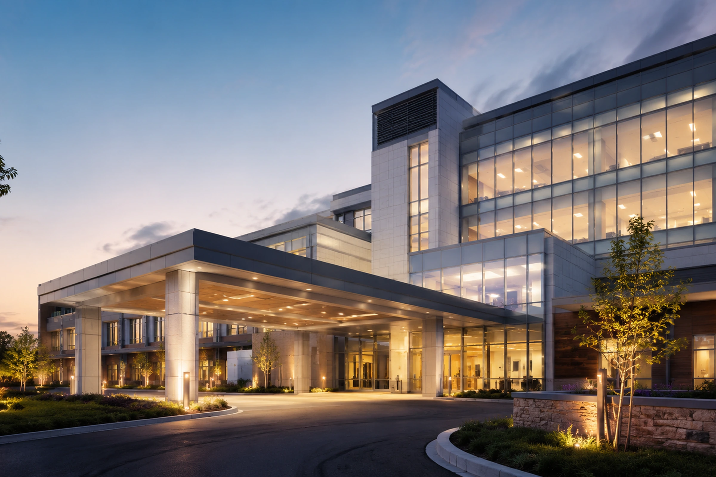 Private hospital entrance canopy at dusk